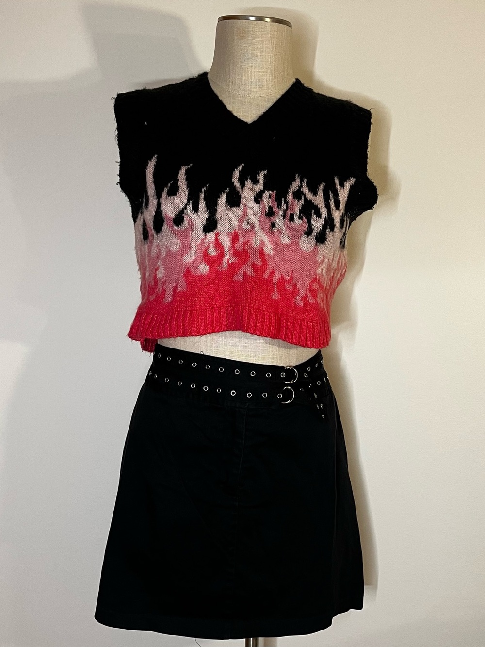 The Ragged Priest Black & Pink Flame Knit Crop Sweater Vest